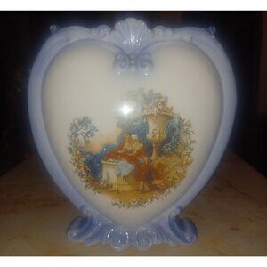 Ceramic Heart-Shaped Vase Narrow Country Scene Blue & White About 9" Tall
